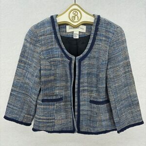 Doncaster 100% Silk Tweed Jacket size 8 Blue Fringe‎ Trim Open Blazer Cropped